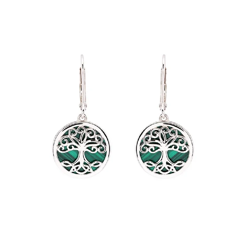 Statement Earrings for Weddings-Shanore : Green Malachite Sterling Silver Tree of Life Drop Earrings