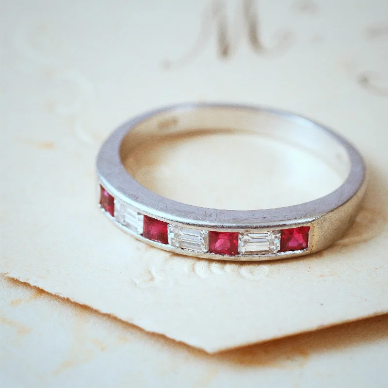 Custom Wedding Band for Couples-Pristine Ruby and Emerald Cut Diamond Band