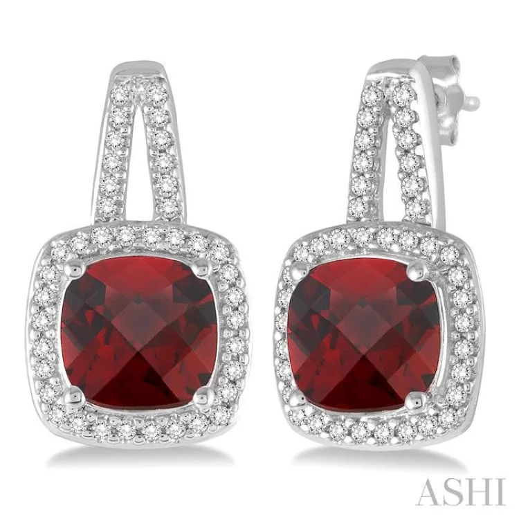 Simple Silver Earrings for Casual Style-7x7 MM Cushion Cut Garnet and 1/4 Ctw Round Cut Diamond Earrings in 10K White Gold