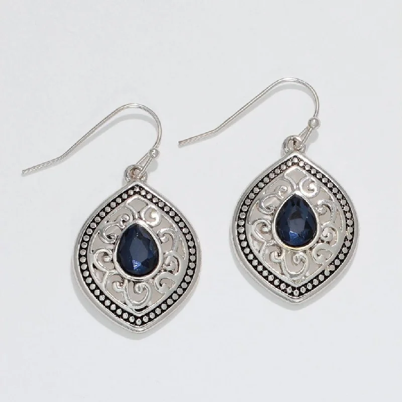 Handcrafted Gemstone Earrings-Periwinkle by Barlow : Silver Filigree with Navy Faceted Gems - Earrings