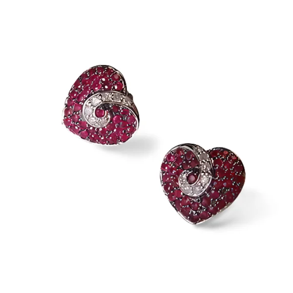 Elegant Earrings for Formal Wear-Gorgeous 14K White Gold Ruby Rubies Diamond Designer Heart Stud Earrings