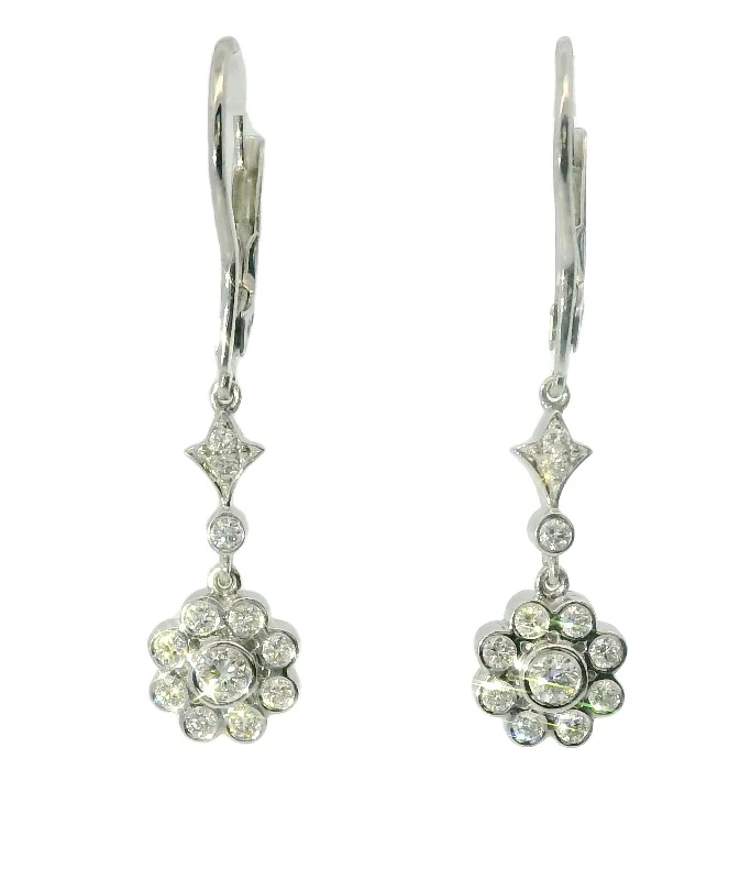 Gemstone Earrings for Luxury Look-Elegant Estate 14K White Gold Floral Flower Diamond Drop Dangle Earrings