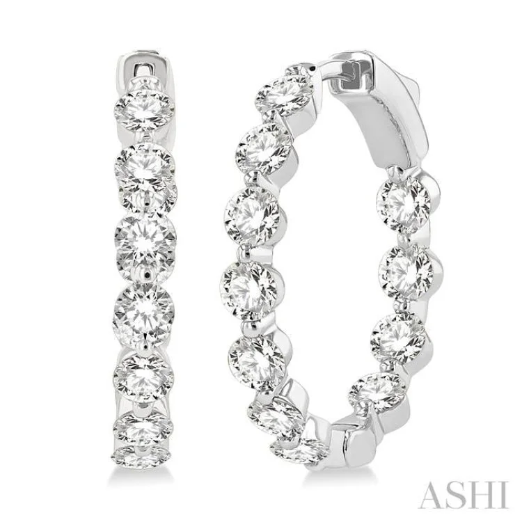 Acrylic Earrings for Casual Looks-3 Ctw Inside-Out Single Prong Set Round Cut Diamond Hoop Earrings in 14K White Gold