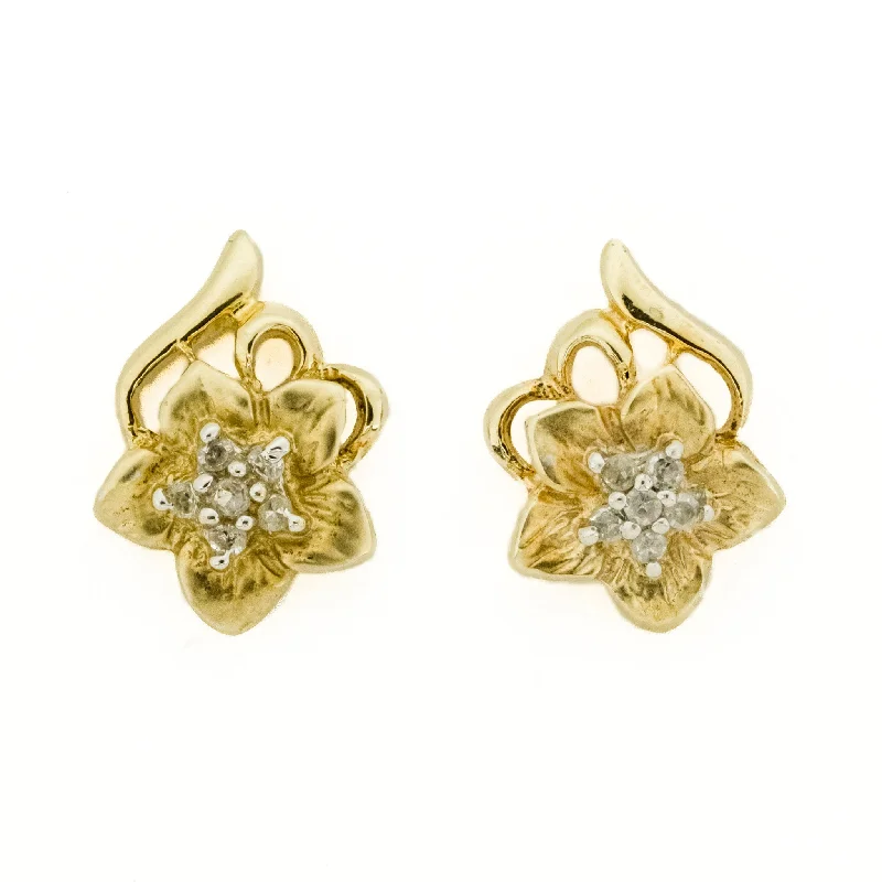 Minimalist Gold Earrings-Diamond Accented Flower Stud Earrings in 10K Yellow Gold