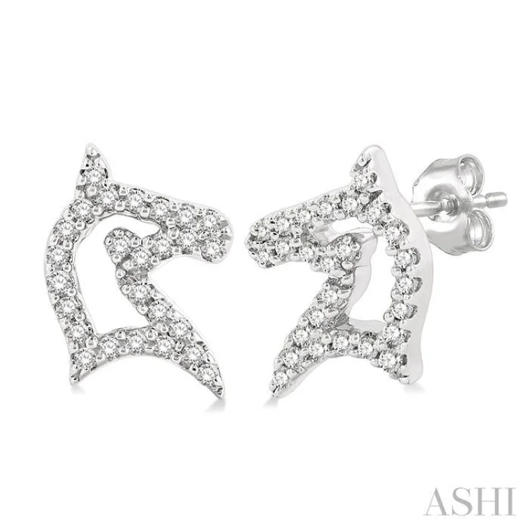 Soft Silver Earrings for Sensitive Ears-1/6 ctw Petite Horse Head Round Cut Diamond Fashion Stud Earring in 10K White Gold