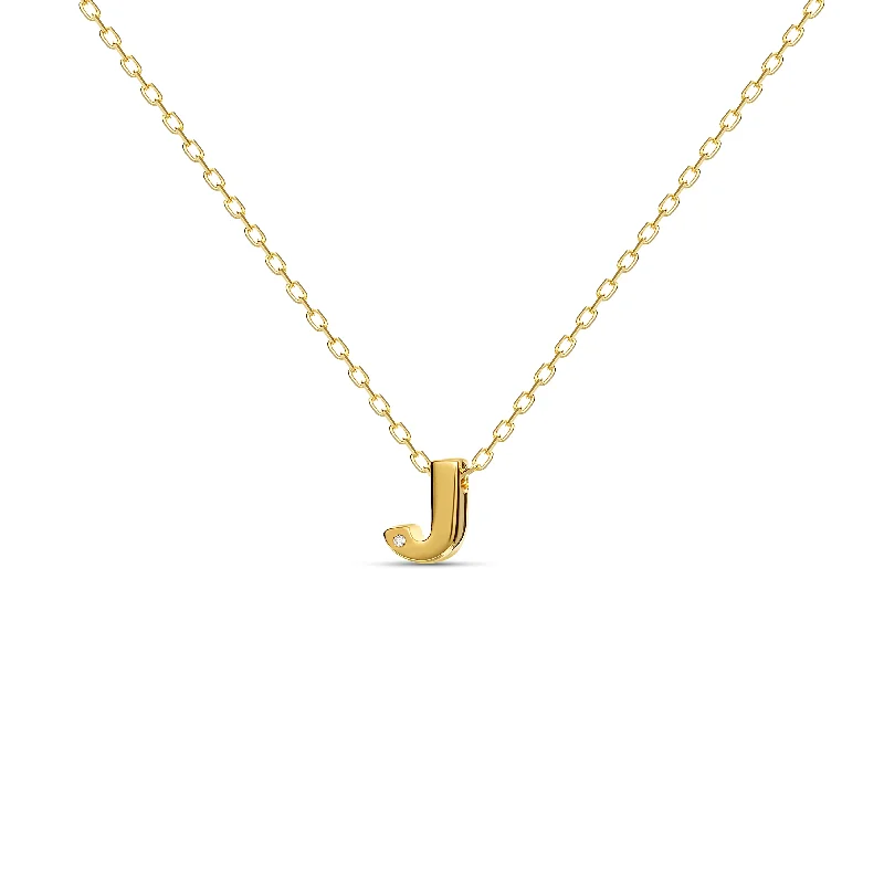 Silver Necklace with Heart Charm-Diamond Letter Necklace "J" - 18 karat gold vermeil on sterling silver, diamond 0.01 carat