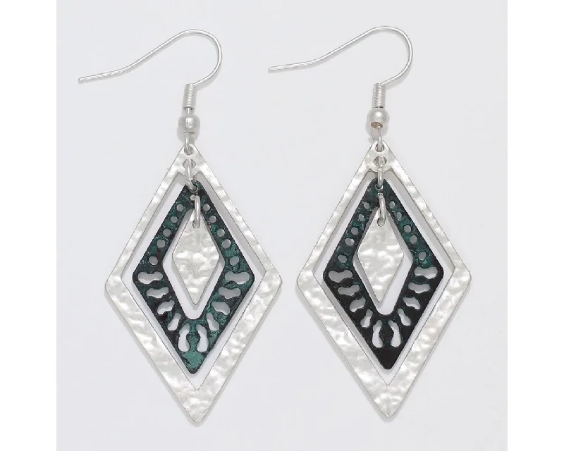 Statement Earrings for Bold Fashion-Periwinkle by Barlow : Hammered Matte Silver & Patina Diamond Layers - Earrings