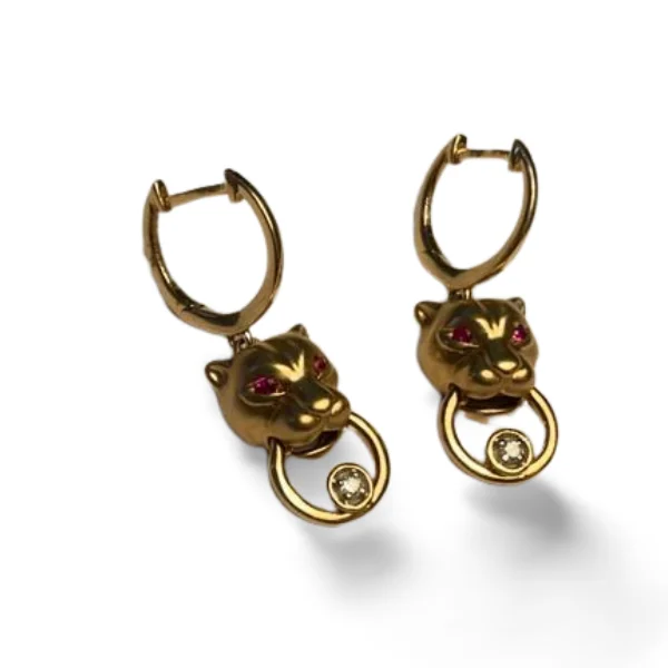 Beautiful Stud Earrings for Women-Stunning 14K Yellow Gold Diamond Ruby Animal Tiger Hanging Earrings