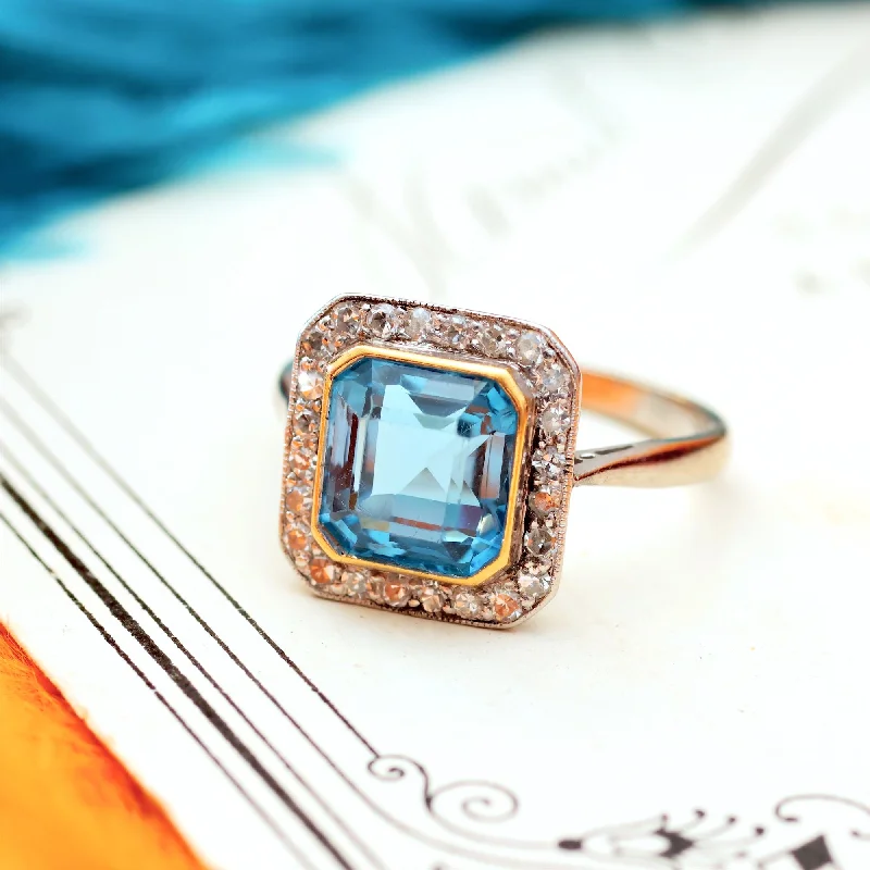 Wedding Band with Diamonds-Sensational Vintage Art Deco Blue Topaz & Diamond Ring