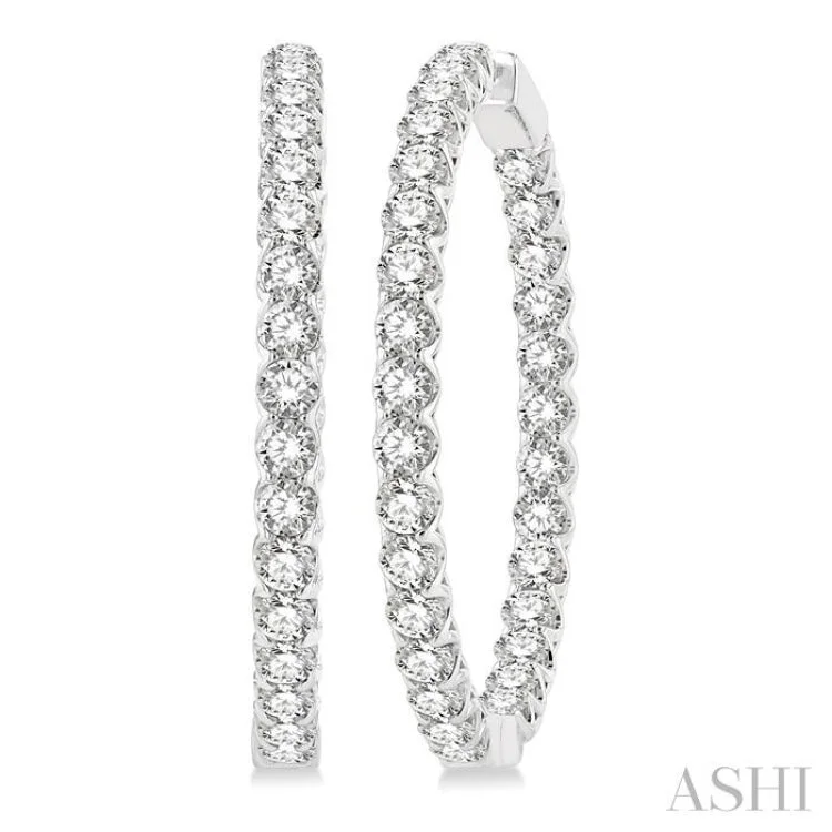 Large Silver Earrings-10 Ctw Inside-Out Round Cut Diamond 1 1/2 Inch Hoop Earrings in 14K White Gold