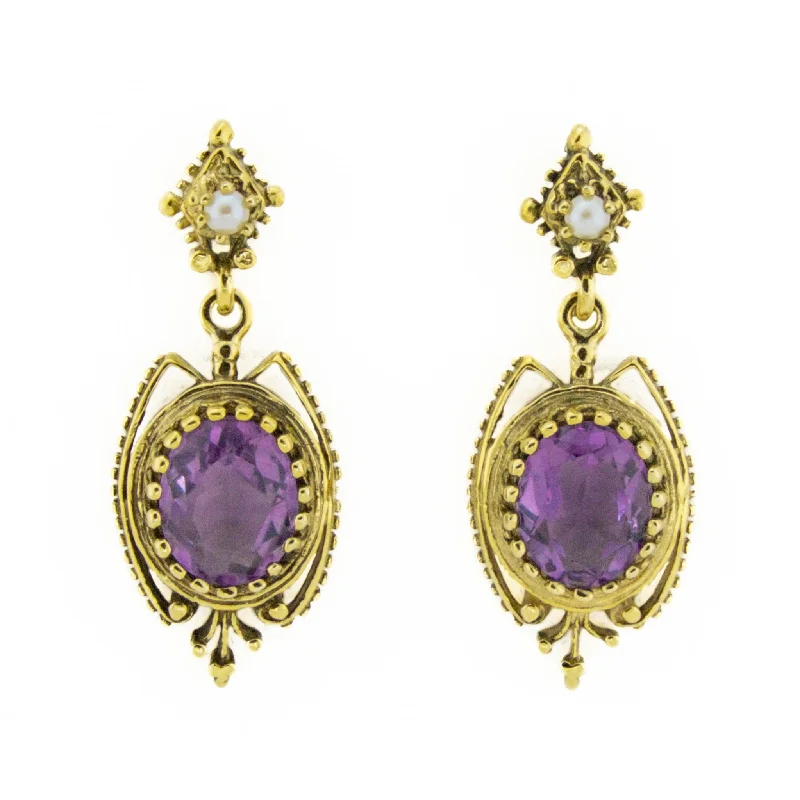 Stylish Earrings for Teen Girls-5.80ctw Amethyst and Pearl Vintage Gemstone Earrings in 14K Yellow Gold