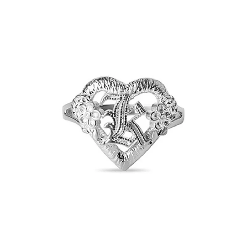 Silver Stackable Rings for Fashion-THE CUTOUT OLD ENGLISH FLOWER HEART LETTER RING