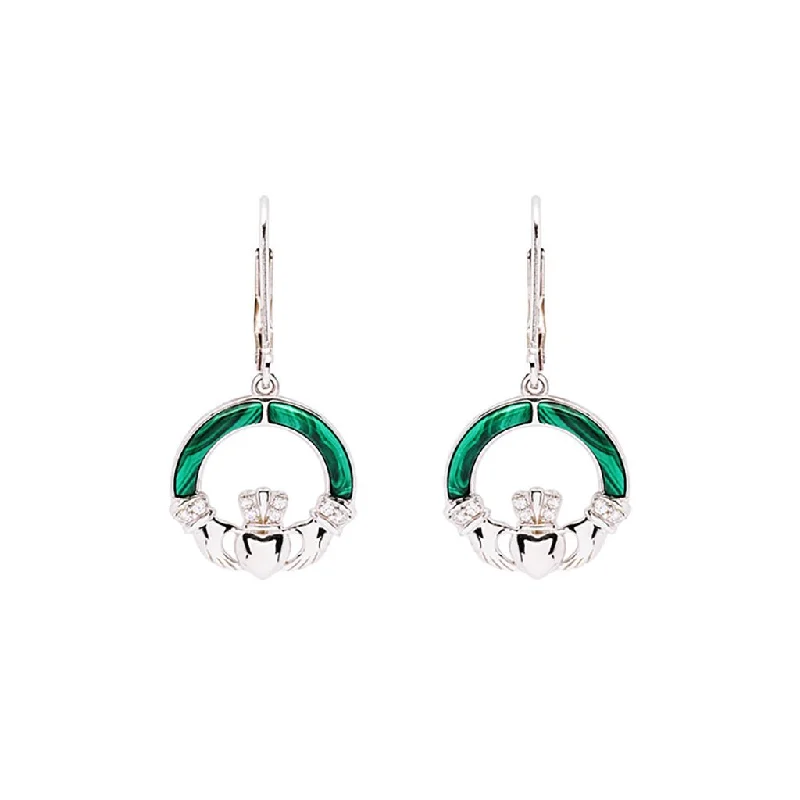 Stunning Drop Earrings for Weddings-Shanore : Green Malachite Sterling Silver Claddagh Drop Earrings