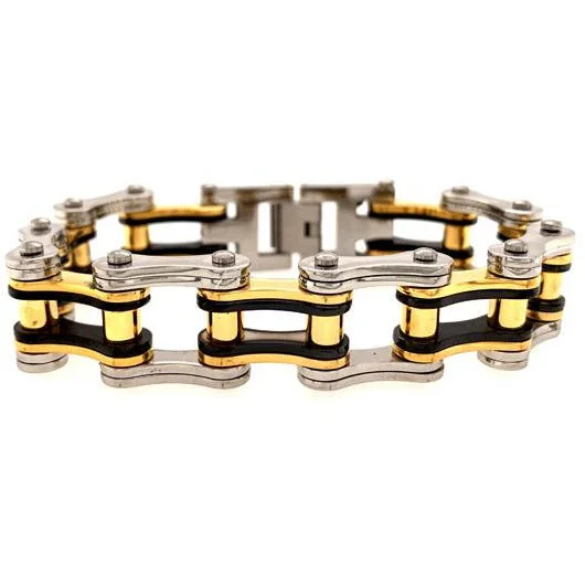 Beautiful Diamond Bracelet for Engagement-Stainless Steel Black And 18K Gold PVD Coated Bike Chain Bracelet / WCB1005