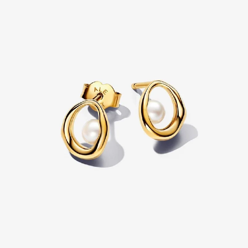 Pearl Stud Earrings for Brides-PANDORA : Organically Shaped Oval & Treated Freshwater Cultured Pearl Stud Earrings in Gold