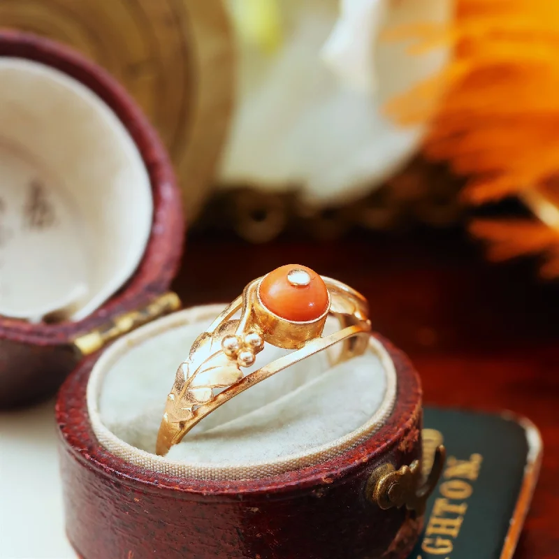 Silver Stackable Ring Set for Fashion-Vintage Art Nouveau Styled Italian Coral Ring