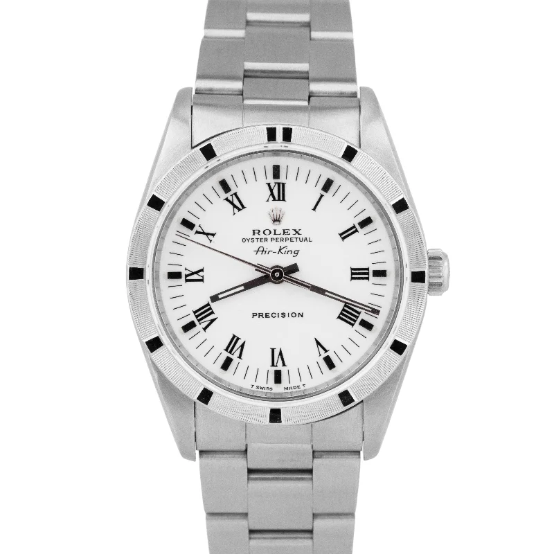 Men's Luxury Watches with Crystal Detailing-Rolex Oyster Perpetual Air-King White Roman Dial 14010 Steel NO-HOLES 34mm Watch