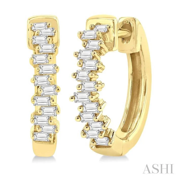 Gorgeous Earrings for Party Nights-1/3 ctw Petite Scatter Baguette Cut Diamond Fashion Huggies in 10K Yellow Gold