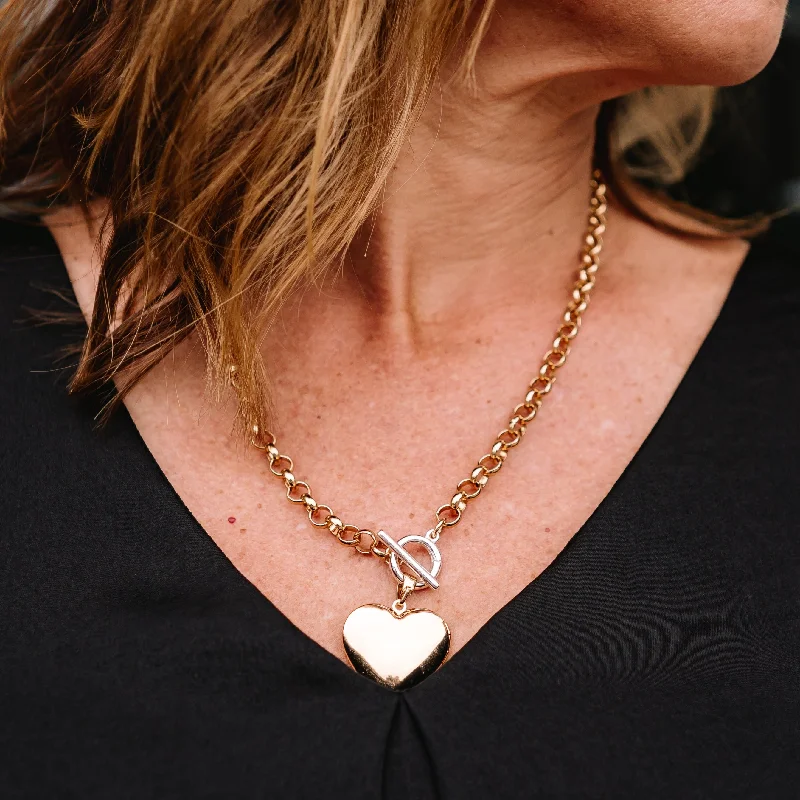 Rose Gold Necklace for Women-Dristyn Chunky Heart Locket Chain Mixed Metal Necklace