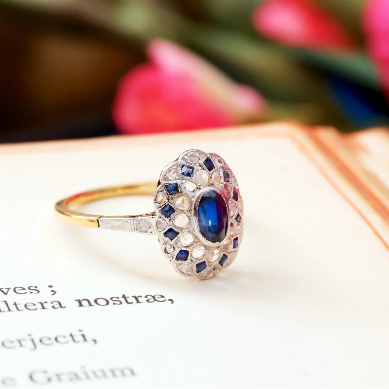 Custom Engraved Ring for Couples-Original Antique Sapphire & Diamond Lacework Cluster Ring