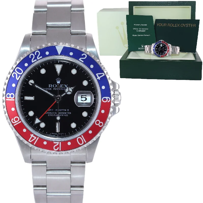 Women's Watches with Fashionable Strap Colors-MINT 2005 Rolex GMT-Master 2 Pepsi 40mm Steel 16710 NO HOLES Black Watch Box