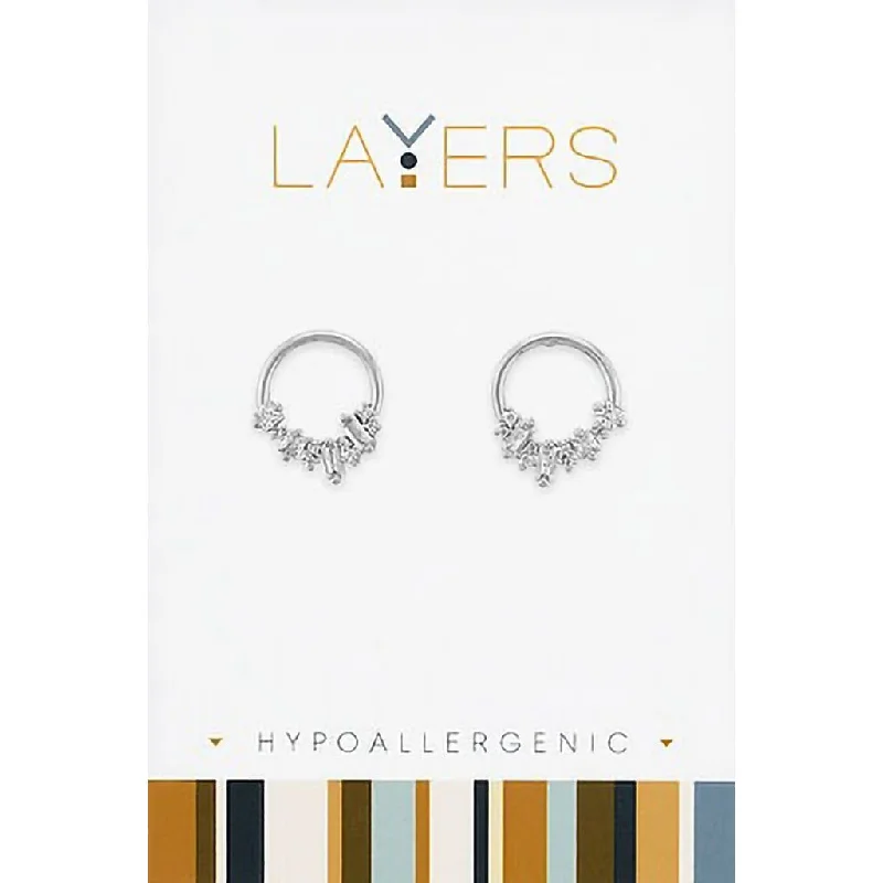 Chunky Earrings for Fashion-Center Court : Silver Double Circle w/ CZ's Stud Layers Earrings