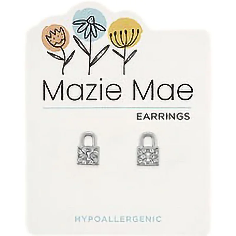 Gold Earrings for Evening Events-Center Court: Silver CZ Padlock Stud Mazie Mae Earring