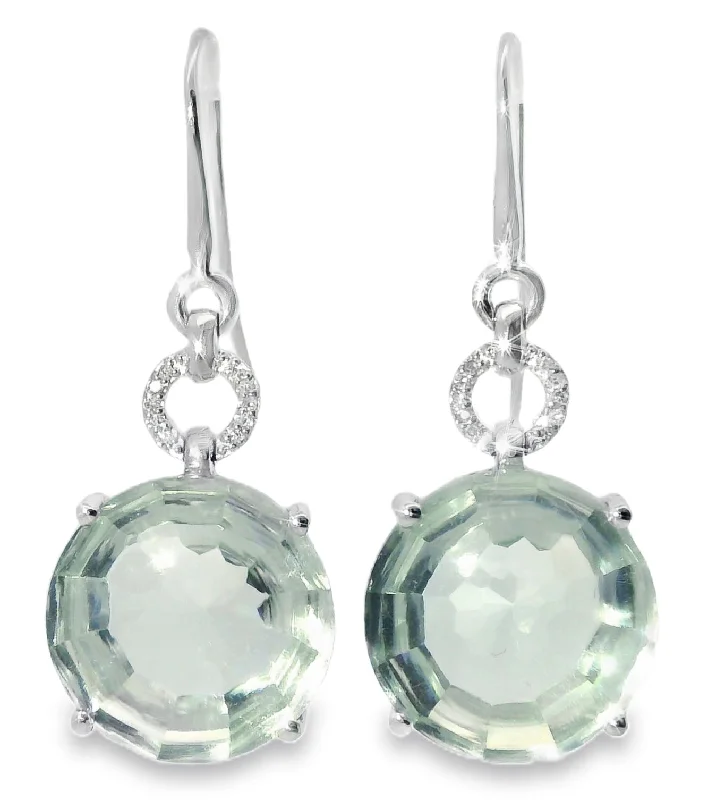 Elegant Long Earrings for Weddings-18K White Gold Diamond Cabochon Green Amethyst Hanging Earrings