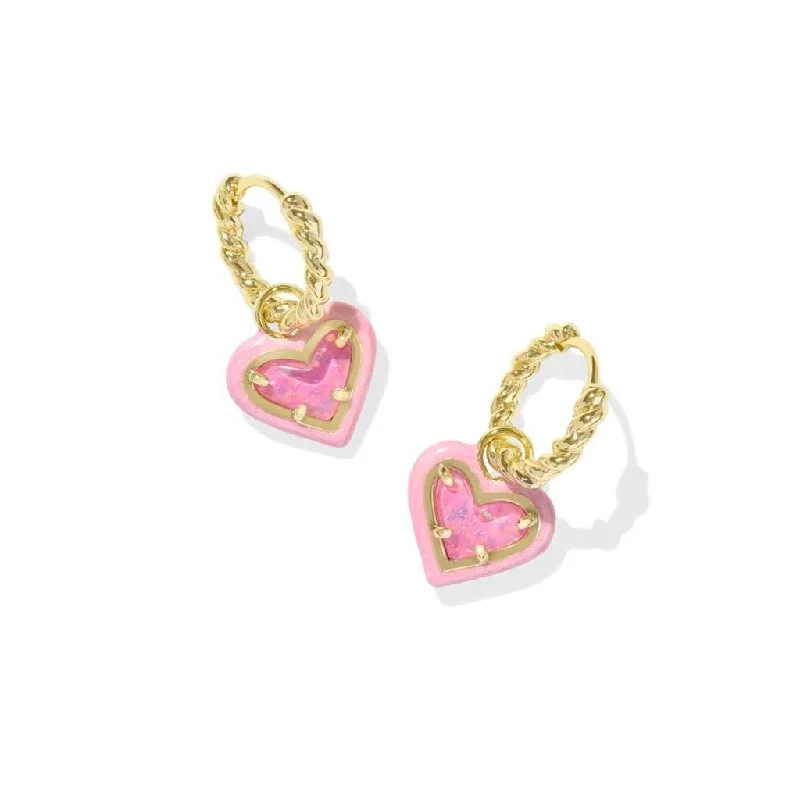 Sparkling Earrings for Bold Fashion-Kendra Scott : Ari Heart Gold Enamel Frame Huggie Earrings in Pink Iridescent Glitter Glass