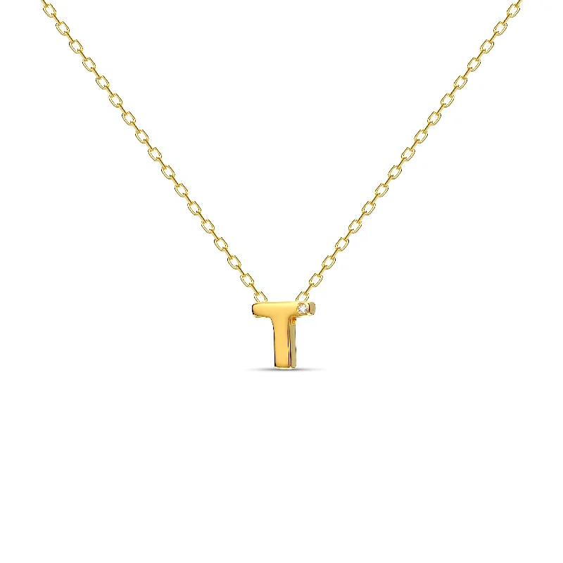 Necklace with Engraved Charm for Personal Touch-Diamond Letter Necklace "T" - 18 karat gold vermeil on sterling silver, diamond 0.01 carat