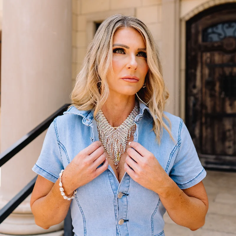 Bridal Necklace with Crystals-Dixie Rhinestone Crystal Fringe Bib Necklace