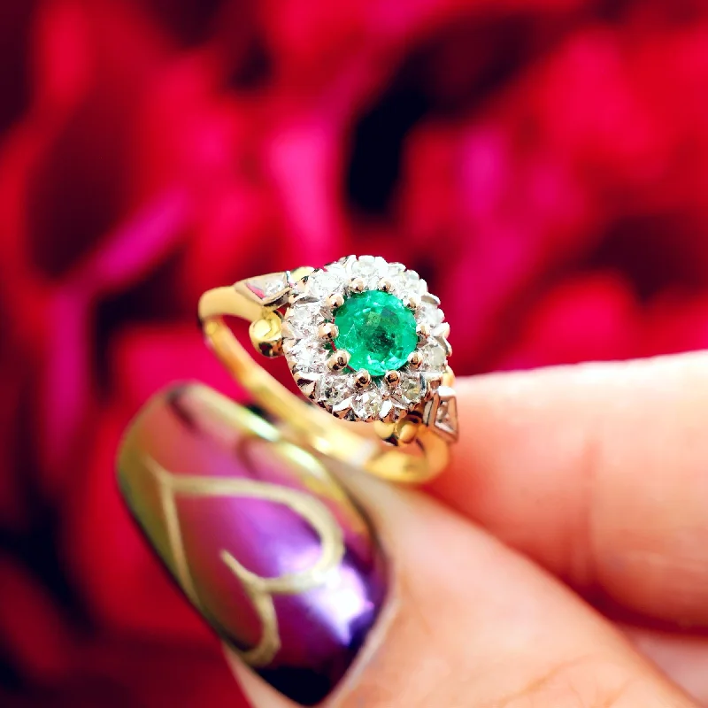 Gold Ring with Gemstones-Vintage Date 1969 Emerald & Diamond Floral Engagement Ring