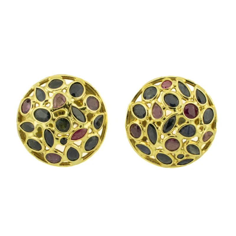 Handcrafted Silver Drop Earrings-Ruby and Sapphire Accented Earrings in 18K Yellow Gold