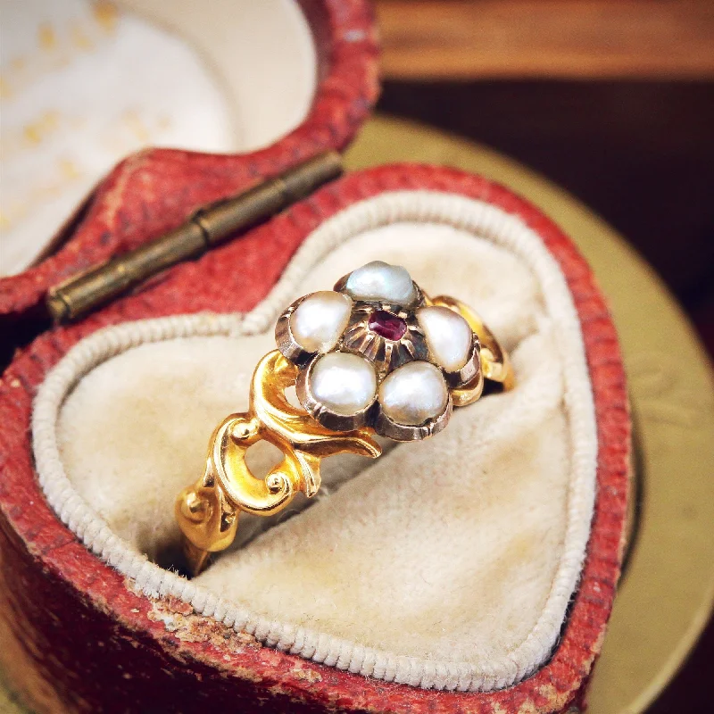 Vintage Wedding Band for Fashion-Circa 1840 Wild Pearl & Ruby Pansy Ring