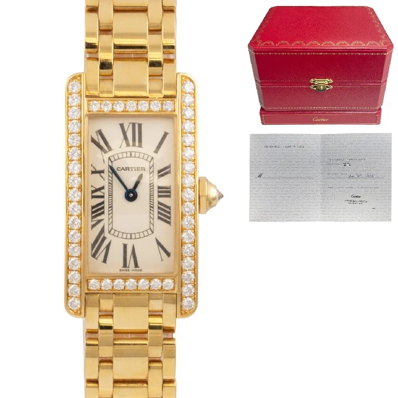 Elegant Watches for Brides-Cartier Tank Americaine 18k Gold Diamond Bezel 19mm WB7072K2 2482 BOX + CERT