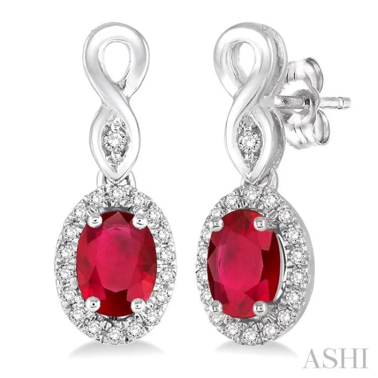 Soft Silver Earrings for Sensitive Ears-5x3 MM Oval Cut Ruby and 1/6 Ctw Round Cut Diamond Earrings in 14K White Gold