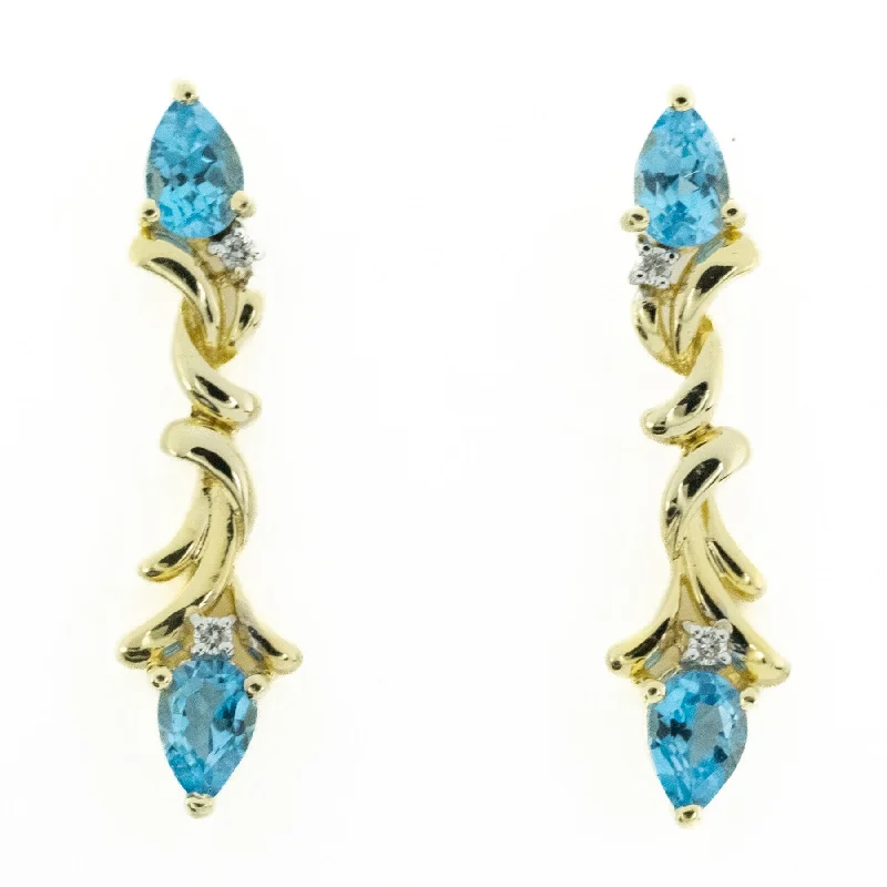 Sparkly Earrings for Bridesmaids-Blue Topaz & Diamond Accented Dangle Earrings in 14K Yellow Gold