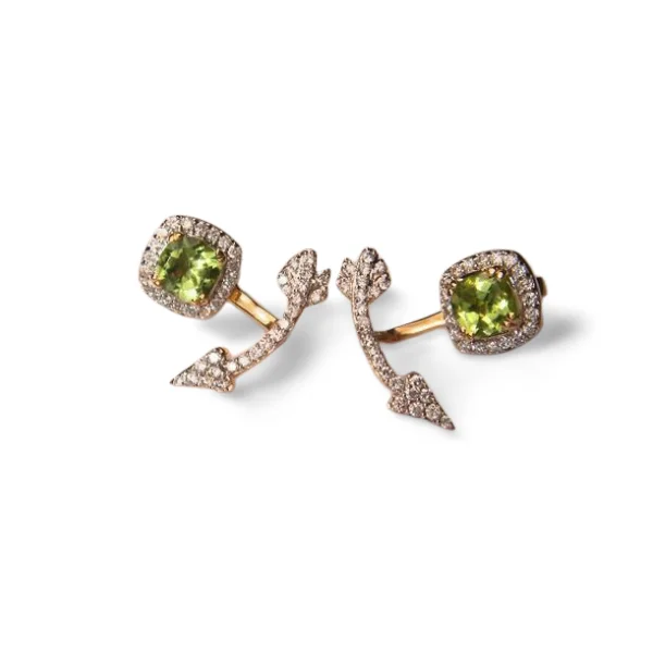 Crystal Stud Earrings for Weddings-Gorgeous 14K Yellow Gold Peridot Hanging Arrow Diamond Earrings