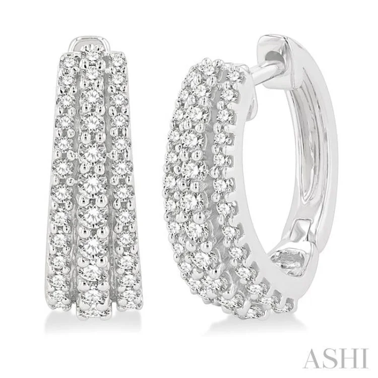 Statement Gold Earrings-1/2 Ctw Triple Row Round Cut Diamond Huggie Earrings in 14K White Gold