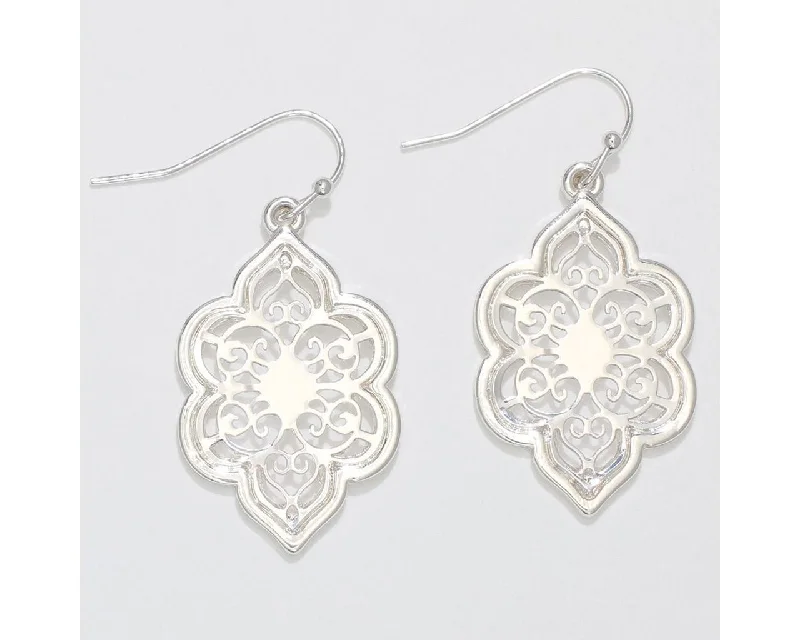 Gold Earrings for Evening Events-Periwinkle by Barlow :  Ornate Silver Scrollwork cutouts- Earrings