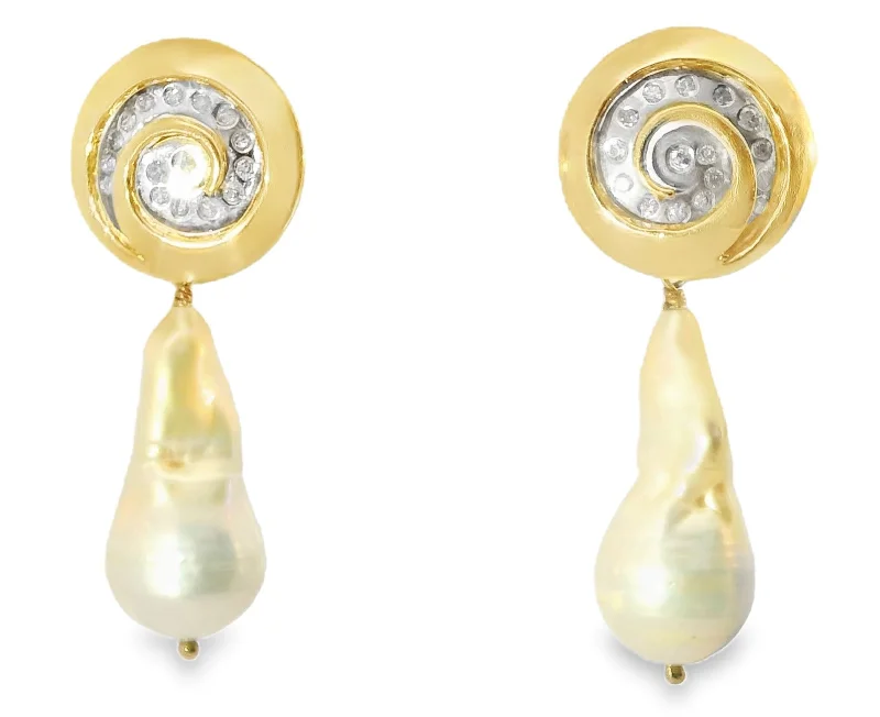 Simple Hoop Earrings for Casual Looks-Beautiful Estate 14K 2-Tone Gold Baroque Pearl Diamond Swirl Drop Earrings