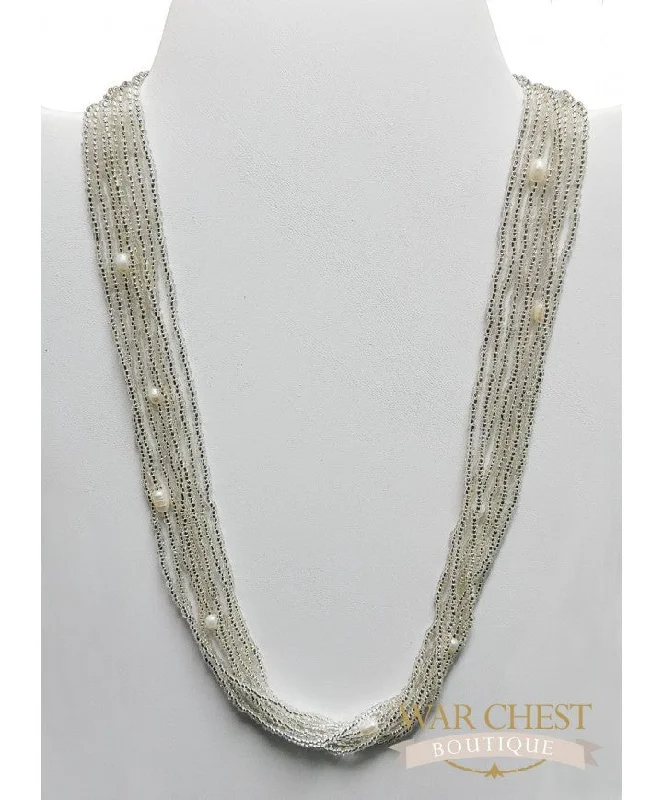 Pearl and Crystal Necklace for Weddings-White Seed Bead Glam Necklace