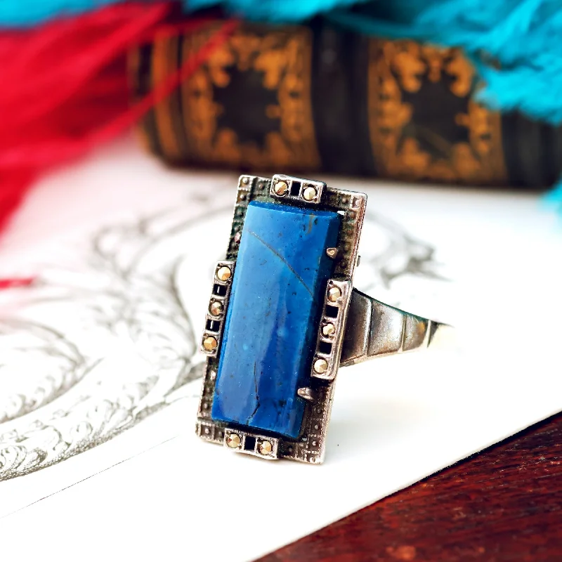 Luxury Sapphire Ring for Anniversary-Vintage Art Deco Howlite Marcasite & Silver Ring