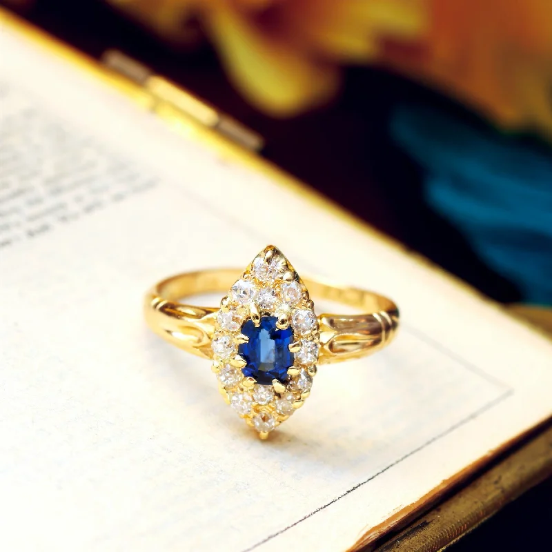 Custom Gold Wedding Ring for Women-Antique Victorian Sapphire & Diamond Navette Ring