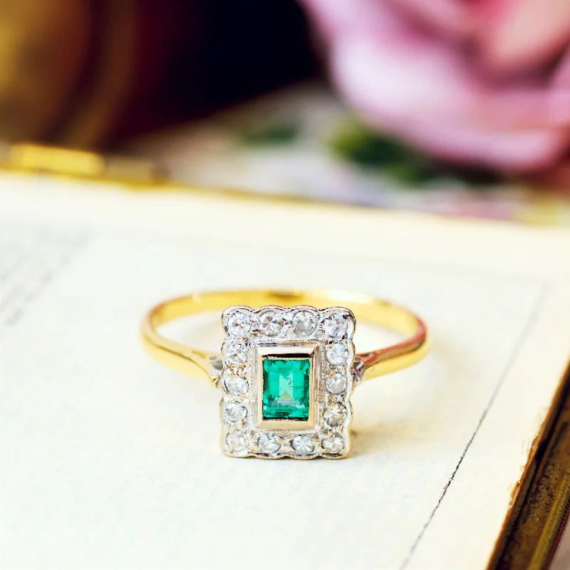 Custom Gold Ring for Special Occasions-Vintage Art Deco Styled Emerald & Diamond Engagement Ring