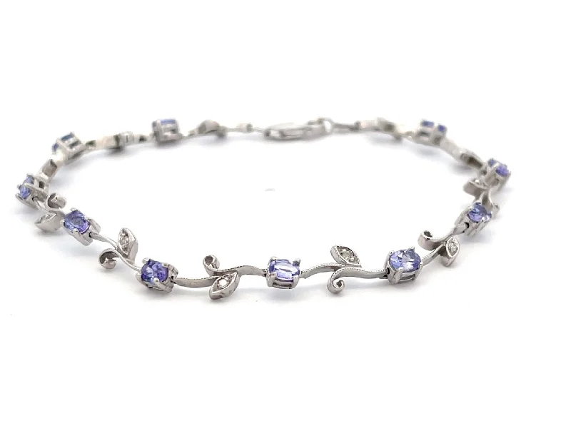 Personalized Gold Bracelet for Special Moments-Tanzanite Diamond Leaf Bracelet in 14k White Gold