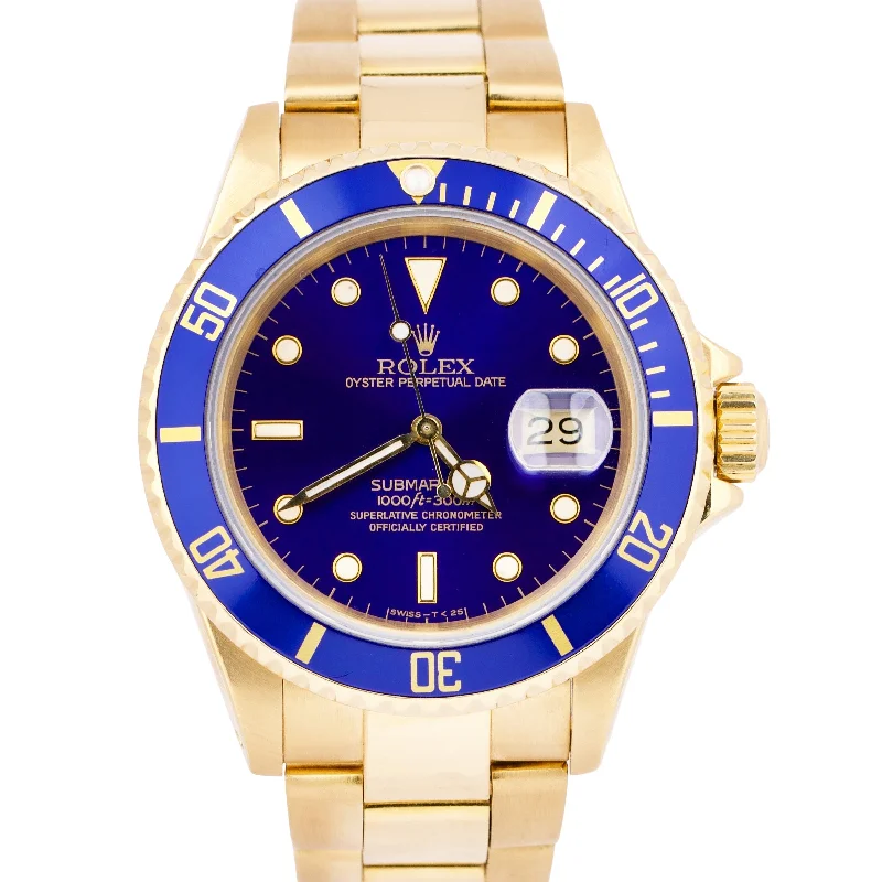 Men's Digital Watches with Multiple Functions-Rolex Submariner Date BLUE 18K Yellow Gold 40mm Oyster Automatic 16618 Watch