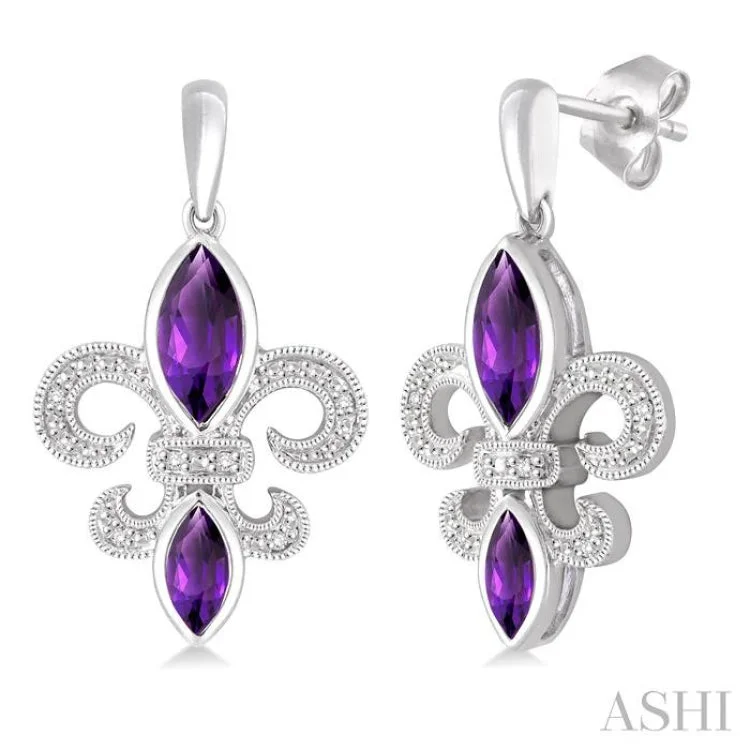 Classic Earrings for Women-8x4 MM Marquise Cut Amethyst, 6x3 MM Marquise Cut Amethyst and 1/20 Ctw Round Cut Diamond Fleur De Lis Earrings in Sterling Silver