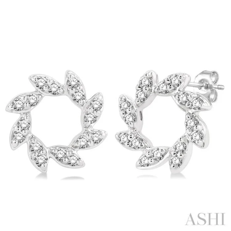 Gold Earrings for Evening Events-1/10 Ctw Floral Petite Round Cut Diamond Fashion Stud Earring in 10K White Gold