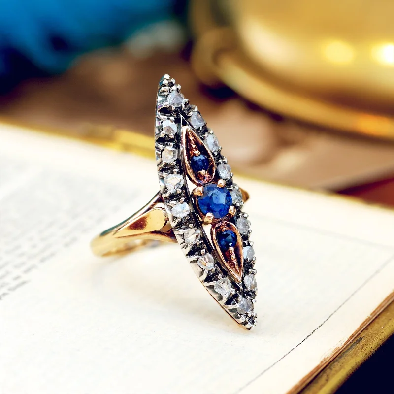 Rose Gold Ring for Stylish Women-Extravagant Vintage Sapphire & Diamond Cocktail Ring